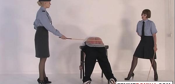  Corporal femdoms caning oldman sub together